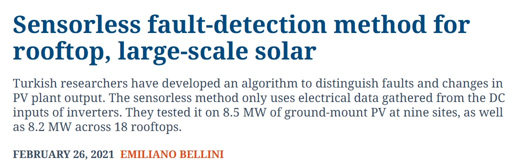Featured in PV Magazine — Sensorless fault detection for PV systems